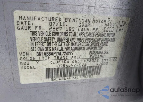2010 Nissan Sentra 2.0Sl from USA, damaged, VIN 3N1AB6AP2AL724227